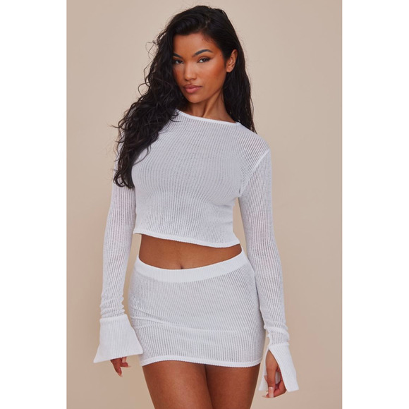 Prettylittlething White Sheer Soft Rib Longline Flared Sleeve Top Size 4 NWT - Picture 1 of 5